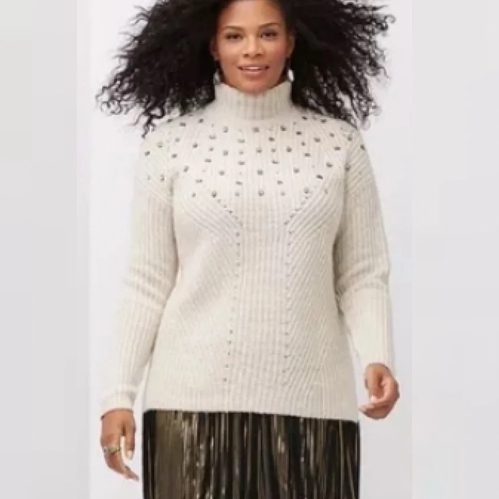 Lane Bryant Plus 22/24 Ivory Bejeweled Mock Neck Sweater Pullover Knit Holiday